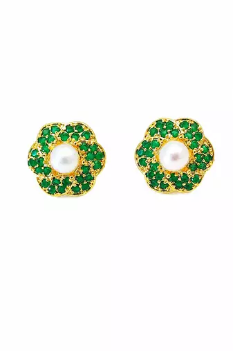 Certified natural freshwater pearls jewellery pearl centre flower stud earrings with green zirconia, gold tone floral.