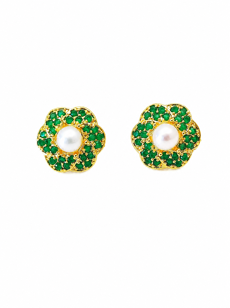 Certified natural freshwater pearls jewellery pearl centre flower stud earrings with green zirconia, gold tone floral.