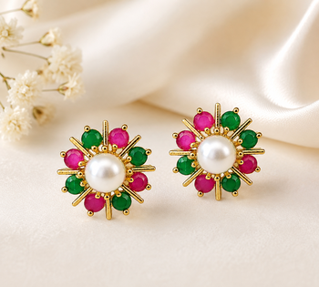 Certified natural freshwater pearls jewellery pearl centre floral stud earrings with ruby & emerald stones gold-tone. 1