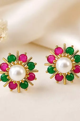 Certified natural freshwater pearls jewellery pearl centre floral stud earrings with ruby & emerald stones gold-tone.