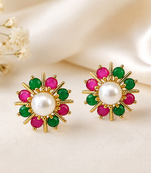 Certified natural freshwater pearls jewellery pearl centre floral stud earrings with ruby & emerald stones gold-tone.