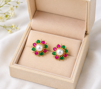 Certified natural freshwater pearls jewellery pearl centre floral stud earrings with ruby & emerald stones gold-tone. 2