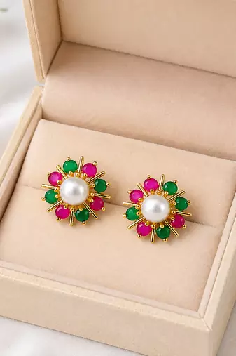 Certified natural freshwater pearls jewellery pearl centre floral stud earrings with ruby & emerald stones gold-tone.