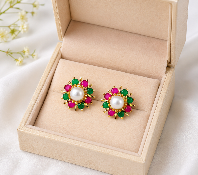 Certified natural freshwater pearls jewellery pearl centre floral stud earrings with ruby & emerald stones gold-tone.