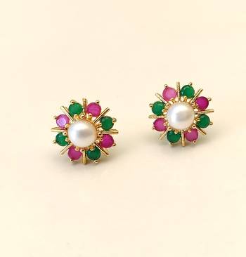 Certified natural freshwater pearls jewellery pearl centre floral stud earrings with ruby & emerald stones gold-tone. 3