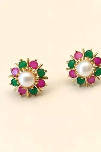 Certified natural freshwater pearls jewellery pearl centre floral stud earrings with ruby & emerald stones gold-tone.