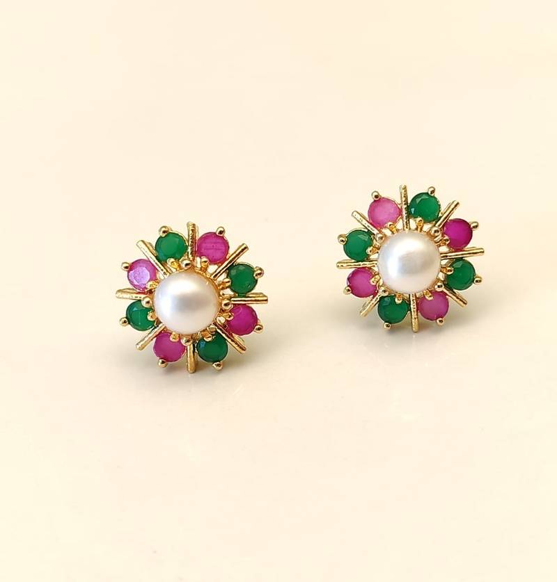 Certified natural freshwater pearls jewellery pearl centre floral stud earrings with ruby & emerald stones gold-tone.