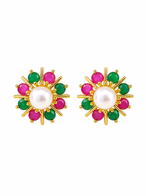 Certified natural freshwater pearls jewellery pearl centre floral stud earrings with ruby & emerald stones gold-tone. 4