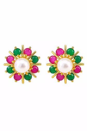 Certified natural freshwater pearls jewellery pearl centre floral stud earrings with ruby & emerald stones gold-tone.