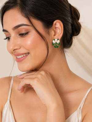 Certified natural freshwater pearls jewellery green stone & pearl cluster stud earrings, gold-toned marquise cut stones 1