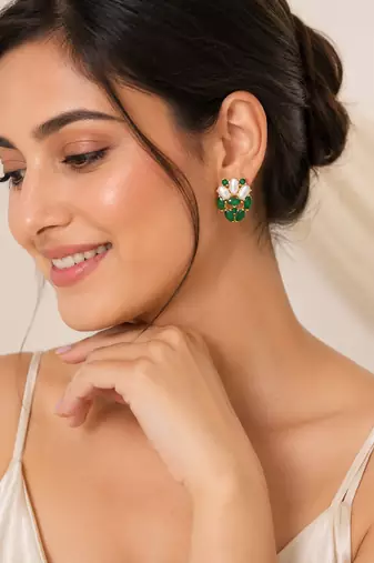 Certified natural freshwater pearls jewellery green stone & pearl cluster stud earrings, gold-toned marquise cut stones