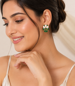 Certified natural freshwater pearls jewellery green stone & pearl cluster stud earrings, gold-toned marquise cut stones