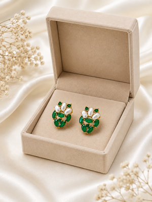 Certified natural freshwater pearls jewellery green stone & pearl cluster stud earrings, gold-toned marquise cut stones 2