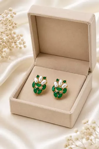 Certified natural freshwater pearls jewellery green stone & pearl cluster stud earrings, gold-toned marquise cut stones