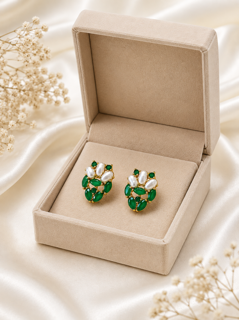 Certified natural freshwater pearls jewellery green stone & pearl cluster stud earrings, gold-toned marquise cut stones