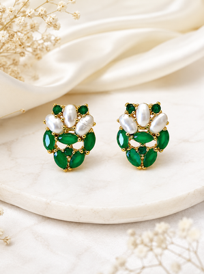 Certified natural freshwater pearls jewellery green stone & pearl cluster stud earrings, gold-toned marquise cut stones 3