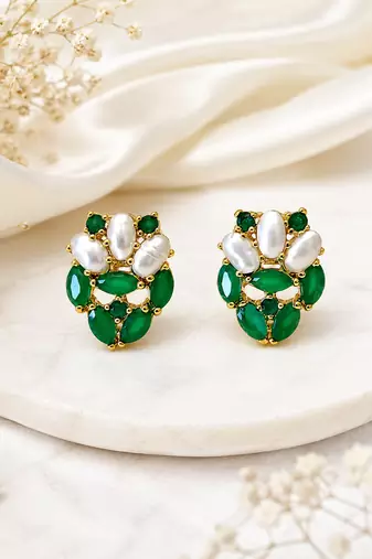 Certified natural freshwater pearls jewellery green stone & pearl cluster stud earrings, gold-toned marquise cut stones