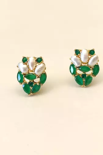 Certified natural freshwater pearls jewellery green stone & pearl cluster stud earrings, gold-toned marquise cut stones