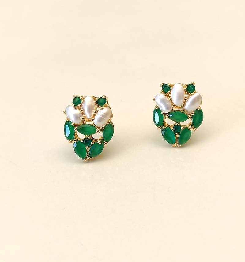 Certified natural freshwater pearls jewellery green stone & pearl cluster stud earrings, gold-toned marquise cut stones