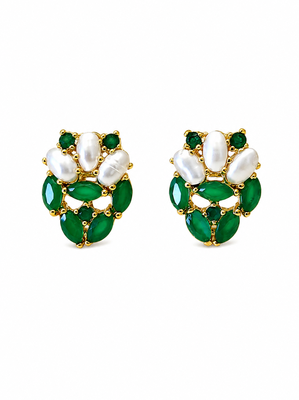 Certified natural freshwater pearls jewellery green stone & pearl cluster stud earrings, gold-toned marquise cut stones 5