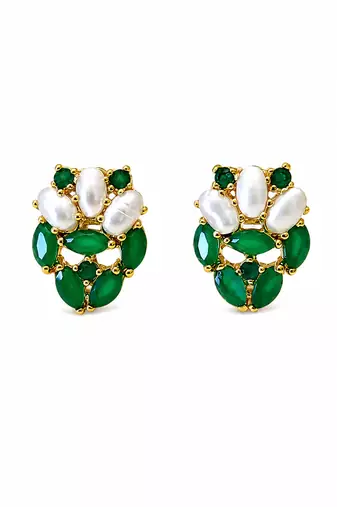 Certified natural freshwater pearls jewellery green stone & pearl cluster stud earrings, gold-toned marquise cut stones