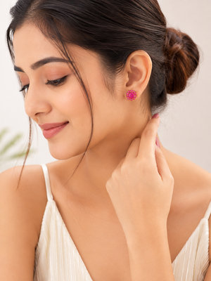 Certified natural freshwater pearls jewellery pink floral halo stud earrings with gold-tone setting ruby pink stones. 1