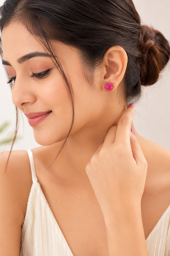 Certified natural freshwater pearls jewellery pink floral halo stud earrings with gold-tone setting ruby pink stones.