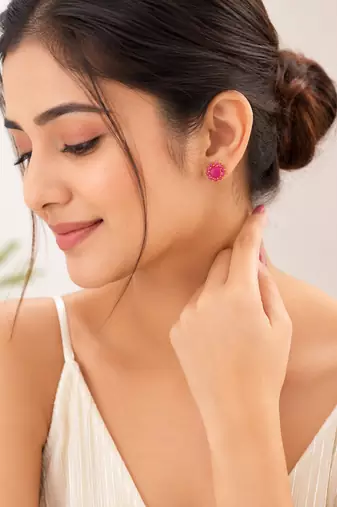 Certified natural freshwater pearls jewellery pink floral halo stud earrings with gold-tone setting ruby pink stones.