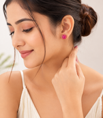 Certified natural freshwater pearls jewellery pink floral halo stud earrings with gold-tone setting ruby pink stones.
