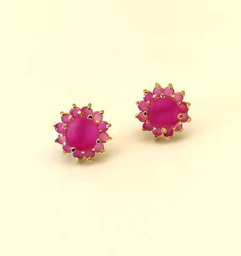 Certified natural freshwater pearls jewellery pink floral halo stud earrings with gold-tone setting ruby pink stones. 2
