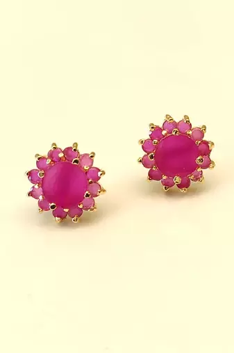 Certified natural freshwater pearls jewellery pink floral halo stud earrings with gold-tone setting ruby pink stones.