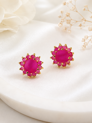 Certified natural freshwater pearls jewellery pink floral halo stud earrings with gold-tone setting ruby pink stones. 3