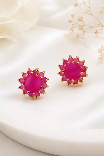 Certified natural freshwater pearls jewellery pink floral halo stud earrings with gold-tone setting ruby pink stones.