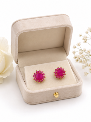 Certified natural freshwater pearls jewellery pink floral halo stud earrings with gold-tone setting ruby pink stones. 4
