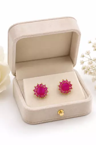 Certified natural freshwater pearls jewellery pink floral halo stud earrings with gold-tone setting ruby pink stones.