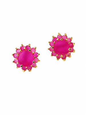 Certified natural freshwater pearls jewellery pink floral halo stud earrings with gold-tone setting ruby pink stones. 5