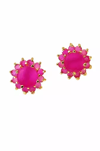 Certified natural freshwater pearls jewellery pink floral halo stud earrings with gold-tone setting ruby pink stones.