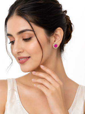 Certified natural freshwater pearls jewellery pink round stud earrings with crystal halo, gold tone cz stone surround. 1