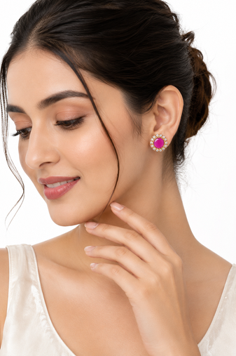 Certified natural freshwater pearls jewellery pink round stud earrings with crystal halo, gold tone cz stone surround.
