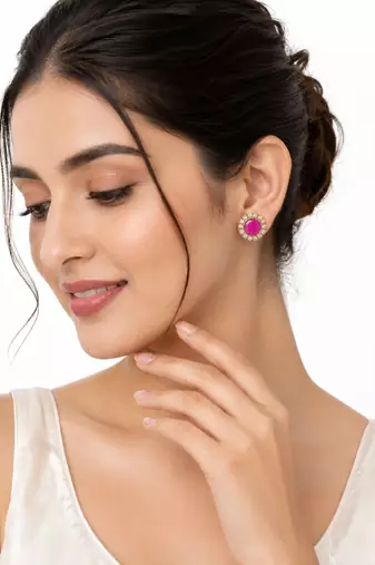 Certified natural freshwater pearls jewellery pink round stud earrings with crystal halo, gold tone cz stone surround.