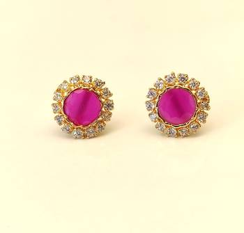 Certified natural freshwater pearls jewellery pink round stud earrings with crystal halo, gold tone cz stone surround. 2