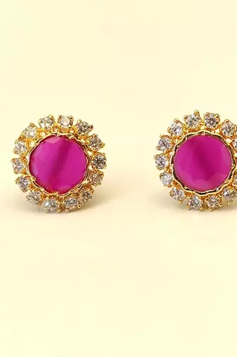 Certified natural freshwater pearls jewellery pink round stud earrings with crystal halo, gold tone cz stone surround.