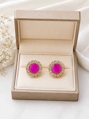 Certified natural freshwater pearls jewellery pink round stud earrings with crystal halo, gold tone cz stone surround. 3