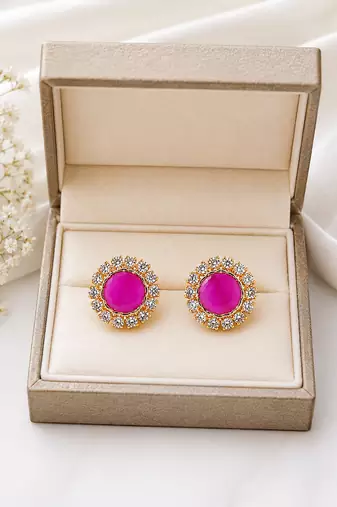 Certified natural freshwater pearls jewellery pink round stud earrings with crystal halo, gold tone cz stone surround.