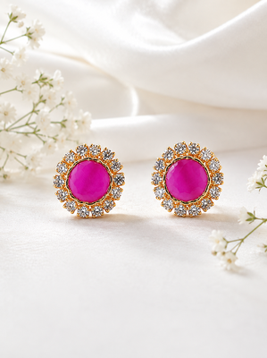 Certified natural freshwater pearls jewellery pink round stud earrings with crystal halo, gold tone cz stone surround. 4