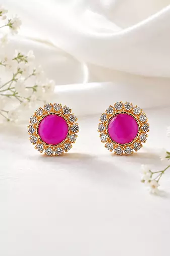 Certified natural freshwater pearls jewellery pink round stud earrings with crystal halo, gold tone cz stone surround.