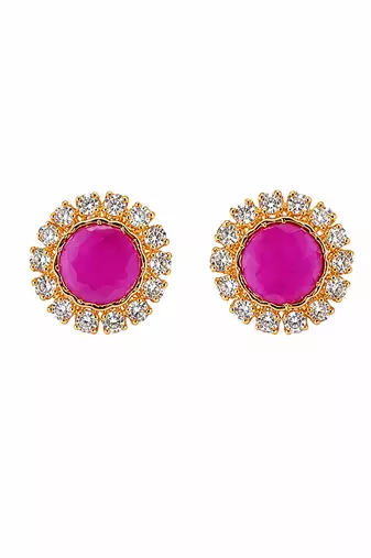 Certified natural freshwater pearls jewellery pink round stud earrings with crystal halo, gold tone cz stone surround.