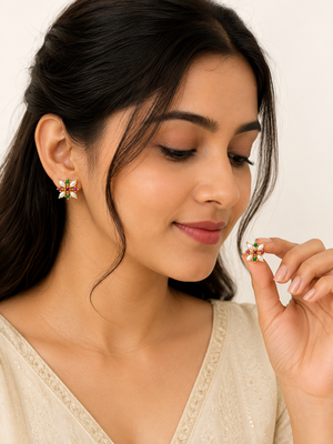 Certified natural freshwater pearls jewellery floral stud earrings with pearl, ruby & emerald stones gold-toned setting. 1