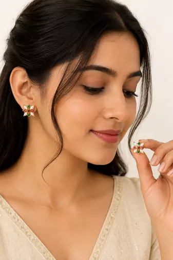 Certified natural freshwater pearls jewellery floral stud earrings with pearl, ruby & emerald stones gold-toned setting.