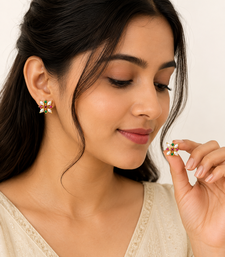 Certified natural freshwater pearls jewellery floral stud earrings with pearl, ruby & emerald stones gold-toned setting.
